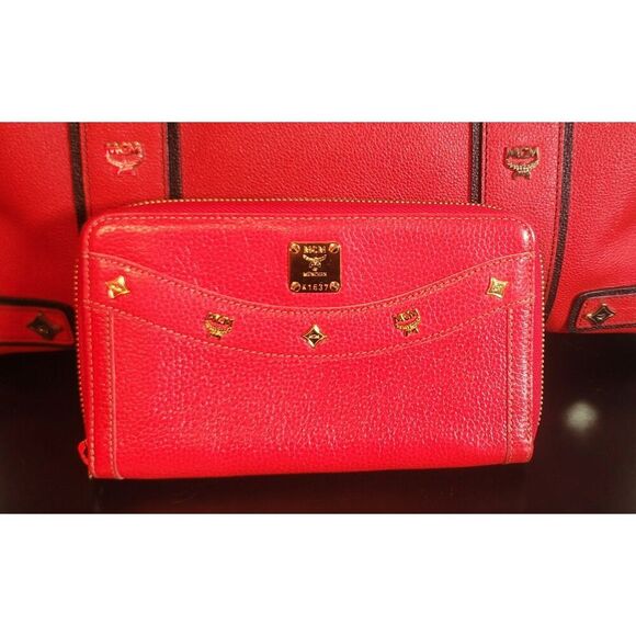MCM Red Studded Leather Frame Bag and Matching Wallet - Picture 5 of 16